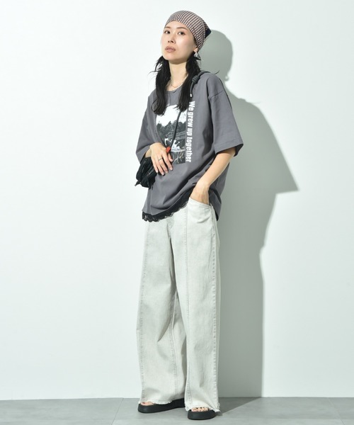 INTERPLANET(インタープラネット)の「CATプリント裾レースT(Tシャツ/カットソー・レディース・オフホワイト/チャコールグレー・FREE)」の8枚目の写真