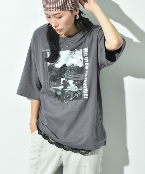 INTERPLANET(インタープラネット)の「CATプリント裾レースT(Tシャツ/カットソー・レディース・オフホワイト/チャコールグレー・FREE)」の11枚目の写真