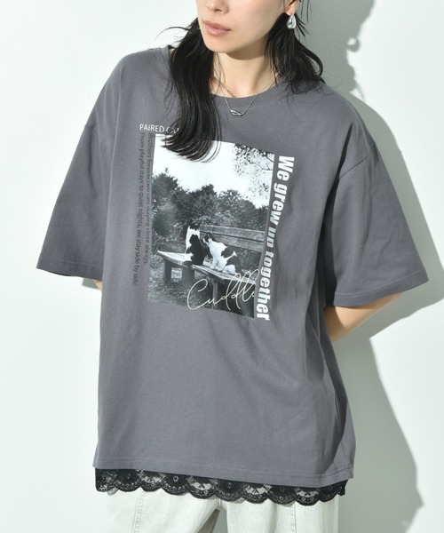 INTERPLANET(インタープラネット)の「CATプリント裾レースT(Tシャツ/カットソー・レディース・オフホワイト/チャコールグレー・FREE)」の12枚目の写真