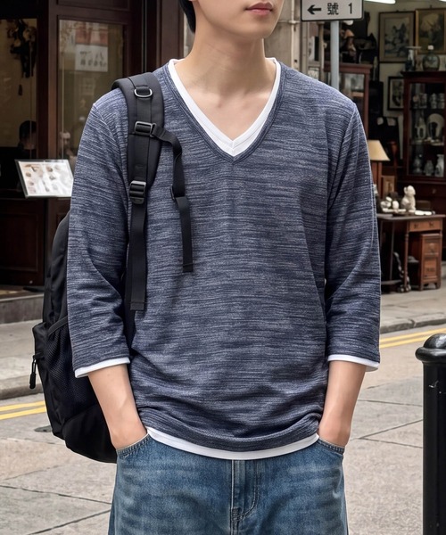B.I.D.（ビーアイディー）の「《Bd》レイヤード風 Vネック7分袖Tシャツ（Tシャツ/カットソー・メンズ・ネイビー/ブラック/グレー・X-LARGE/MEDIUM）」の3枚目の写真