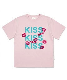 KISS KISS KISSプリントオーバーサイズ半袖Tシャツピンク
