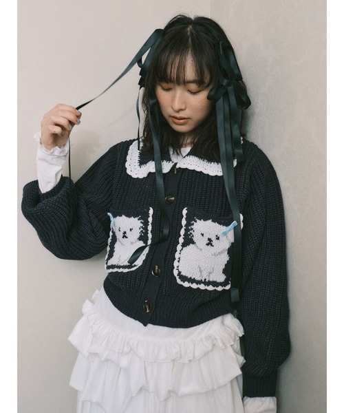 merry jenny(メリージェニー)の「いぬころジャガードニットカーデ(カーディガン/ボレロ・レディース・ネイビー/ピンク/グレー・FREE)」の1枚目の写真