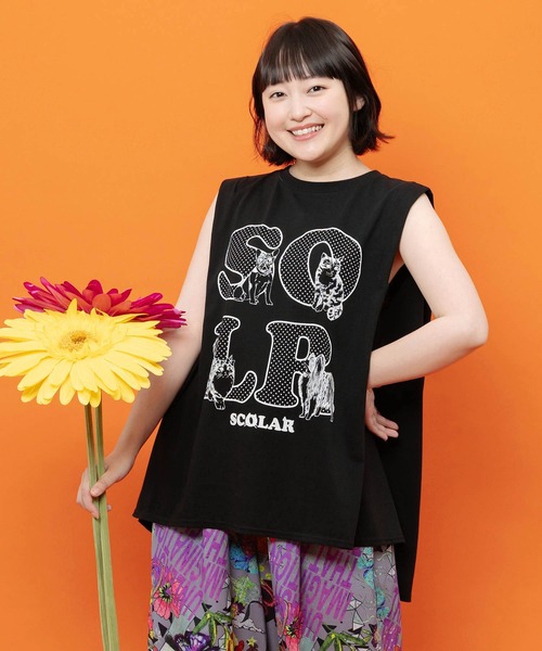 ScoLar(スカラー)の「162751:ドットスカラーわんにゃん柄 接触冷感タンクトップ(Tシャツ/カットソー・レディース・ブラウン/パープル/ブラック・M)」の2枚目の写真
