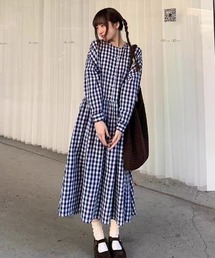チェック柄長袖ワンピース