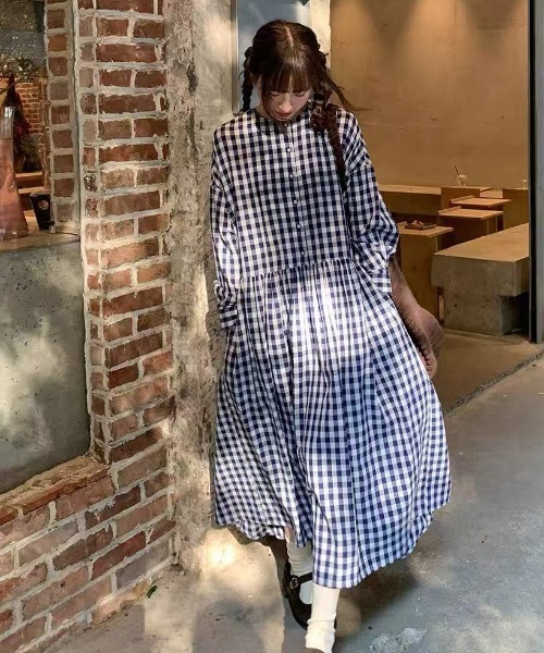 Aelina(エリナ)の「チェック柄長袖ワンピース(ワンピース・レディース・ブラック・FREE)」の21枚目の写真