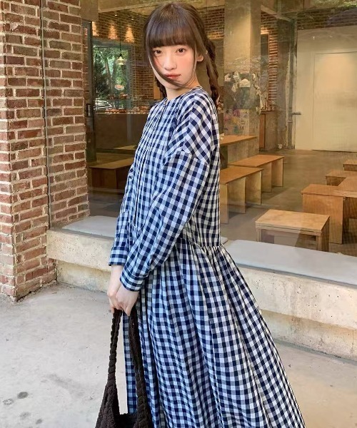 Aelina(エリナ)の「チェック柄長袖ワンピース(ワンピース・レディース・ブラック・FREE)」の13枚目の写真