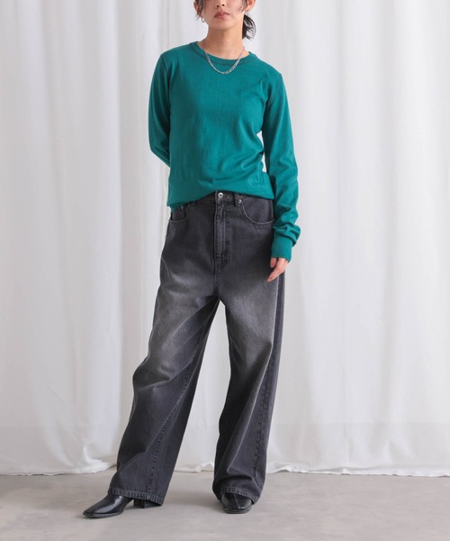 for/c（フォーシー）の「コットン100クルーネックトップス【サスティナブル】（ニット/セーター・レディース・オフホワイト/ネイビー/パープル/ブラック/グリーン・LL/L/M）」の14枚目の写真
