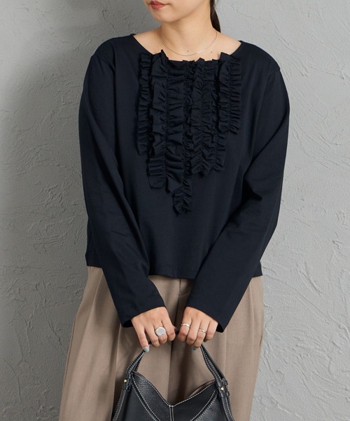 mizuiroind（ミズイロインド）の「[mizuiro ind/ミズイロインド] フリル ロングスリーブカットソー（Tシャツ/カットソー・レディース・オフホワイト/ブラック・F）」の2枚目の写真