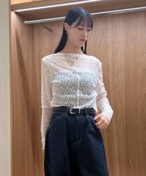 MIESROHE(ミースロエ)の「【洗える】カットレースシャーリング2WAYトップス(Tシャツ/カットソー・レディース・ホワイト/ブラック/イエロー・F)」の18枚目の写真