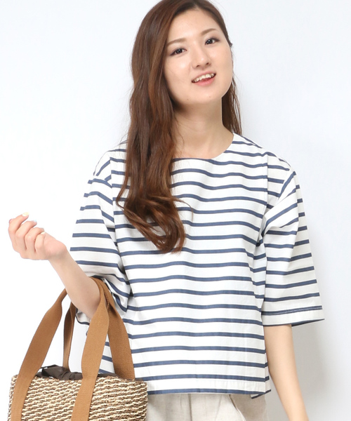 LBC（エルビーシー）の「コットンリネンプリントボーダーブラウス（シャツ/ブラウス・レディース・ネイビー/ライトグレー・LARGE/MEDIUM）」の2枚目の写真