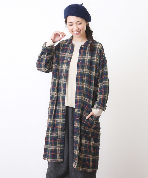 CUBE SUGAR（キューブシュガー）の「度甘ネルチェックコートワンピース（ワンピース・レディース・ホワイト系その他/ベージュ系その他/グリーン系その他/レッド系その他・M）」の3枚目の写真