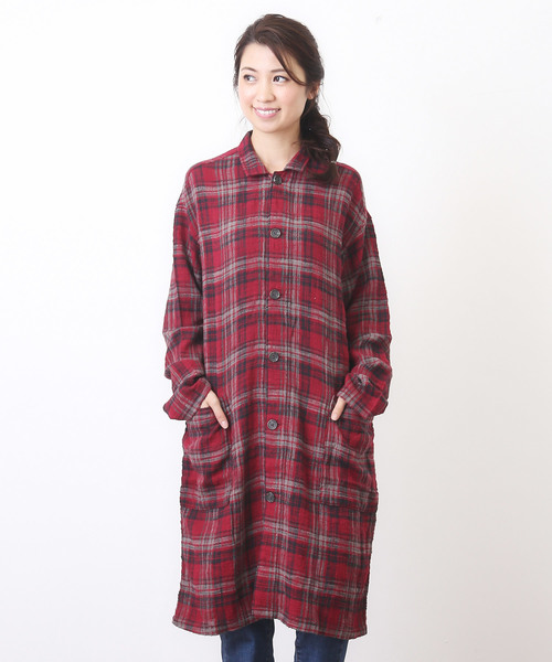 CUBE SUGAR（キューブシュガー）の「度甘ネルチェックコートワンピース（ワンピース・レディース・ホワイト系その他/ベージュ系その他/グリーン系その他/レッド系その他・M）」の4枚目の写真