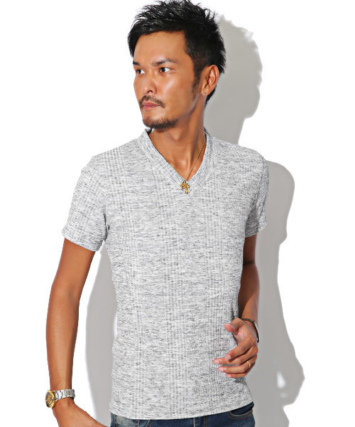 LUXSTYLE(ラグスタイル)の「ランダムテレコリブサイド切り替えVネック半袖Tシャツ(Tシャツ/カットソー・メンズ・ネイビー/ブルー/杢グレー/ブラック/ホワイト/レッド/ブラック系その他/ワイン・M/L/XL/S)」の3枚目の写真