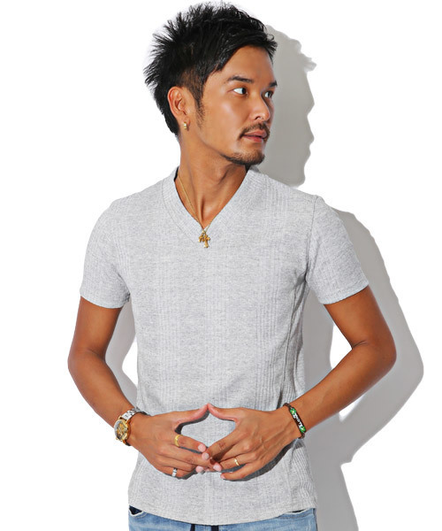 LUXSTYLE(ラグスタイル)の「ランダムテレコリブサイド切り替えVネック半袖Tシャツ(Tシャツ/カットソー・メンズ・ネイビー/ブルー/杢グレー/ブラック/ホワイト/レッド/ブラック系その他/ワイン・M/L/XL/S)」の4枚目の写真