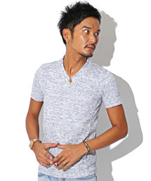 ランダムテレコリブサイド切り替えVネック半袖Tシャツ
