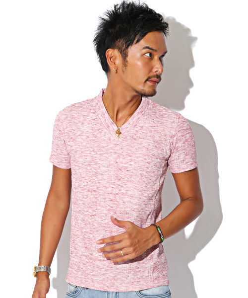 LUXSTYLE(ラグスタイル)の「ランダムテレコリブサイド切り替えVネック半袖Tシャツ(Tシャツ/カットソー・メンズ・ネイビー/ブルー/杢グレー/ブラック/ホワイト/レッド/ブラック系その他/ワイン・M/L/XL/S)」の7枚目の写真