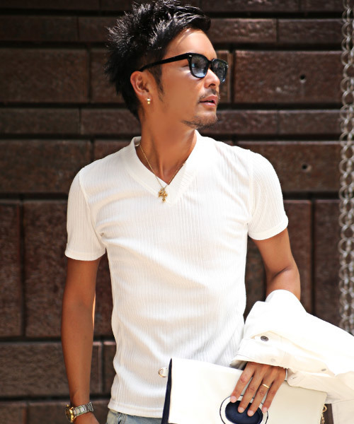 LUXSTYLE(ラグスタイル)の「ランダムテレコリブサイド切り替えVネック半袖Tシャツ(Tシャツ/カットソー・メンズ・ネイビー/ブルー/杢グレー/ブラック/ホワイト/レッド/ブラック系その他/ワイン・M/L/XL/S)」の2枚目の写真