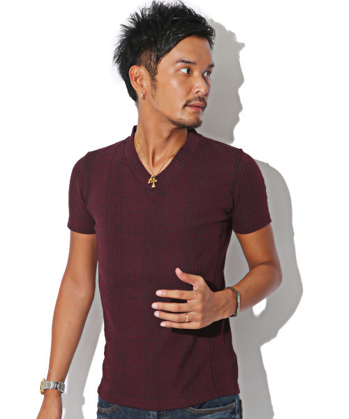 LUXSTYLE(ラグスタイル)の「ランダムテレコリブサイド切り替えVネック半袖Tシャツ(Tシャツ/カットソー・メンズ・ネイビー/ブルー/杢グレー/ブラック/ホワイト/レッド/ブラック系その他/ワイン・M/L/XL/S)」の8枚目の写真