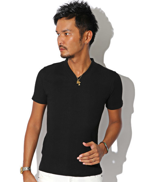 LUXSTYLE(ラグスタイル)の「ランダムテレコリブサイド切り替えVネック半袖Tシャツ(Tシャツ/カットソー・メンズ・ネイビー/ブルー/杢グレー/ブラック/ホワイト/レッド/ブラック系その他/ワイン・M/L/XL/S)」の1枚目の写真