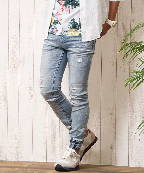 CavariA(キャバリア)の「リペア加工ストレッチデニムジョガーパンツ / CAMY18-07(デニムパンツ)」|ライトブルー