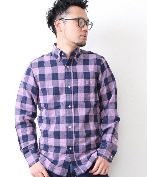 coen（コーエン）の「ダブルガーゼブロックチェックボタンダウンシャツ（シャツ/ブラウス・メンズ・ピンク/マスタード/ターコイズブルー・LARGE/X-LARGE/X-SMALL/SMALL/MEDIUM）」の3枚目の写真