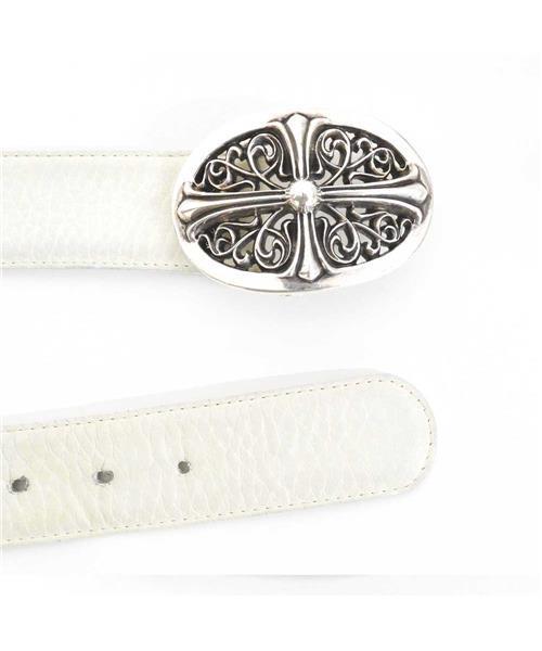 クロムハーツ　CHROME HEARTS 　クロスパッチレザーベルト　ホワイト ブランド古着】クラシックオーバルクロスバックルレザーベルト