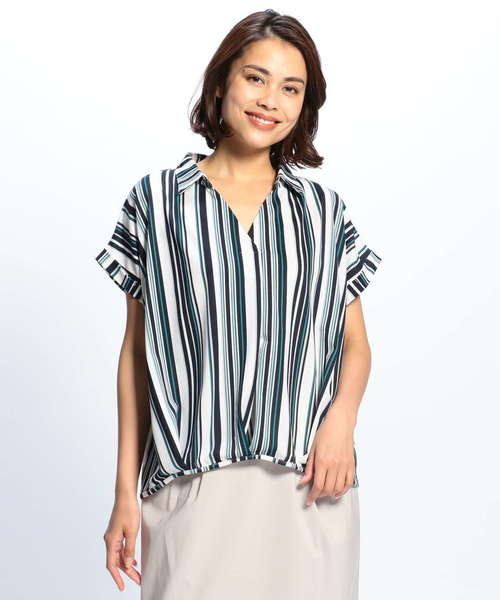 NARACAMICIE（ナラカミーチェ）の「マルチストライププリントジャージー半袖スキッパーシャツ（Tシャツ/カットソー・レディース・グリーン/ブラック/ボルドー・MEDIUM）」の6枚目の写真