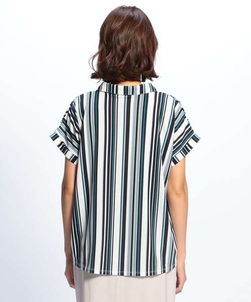 NARACAMICIE（ナラカミーチェ）の「マルチストライププリントジャージー半袖スキッパーシャツ（Tシャツ/カットソー・レディース・グリーン/ブラック/ボルドー・MEDIUM）」の10枚目の写真