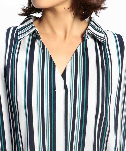 NARACAMICIE（ナラカミーチェ）の「マルチストライププリントジャージー半袖スキッパーシャツ（Tシャツ/カットソー・レディース・グリーン/ブラック/ボルドー・MEDIUM）」の15枚目の写真