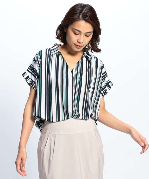 NARACAMICIE（ナラカミーチェ）の「マルチストライププリントジャージー半袖スキッパーシャツ（Tシャツ/カットソー・レディース・グリーン/ブラック/ボルドー・MEDIUM）」の7枚目の写真