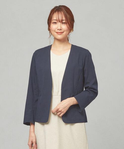 closet story(クローゼットストーリー)の「<closet story>□シアサッカー カラーレス ジャケット -手洗い可能-(ノーカラージャケット・レディース・ライトグレー/ネイビー/オフホワイト・S/M)」の3枚目の写真