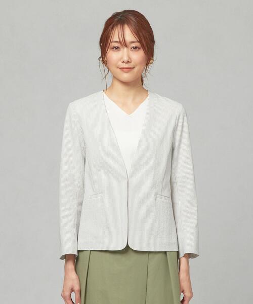 closet story(クローゼットストーリー)の「<closet story>□シアサッカー カラーレス ジャケット -手洗い可能-(ノーカラージャケット・レディース・ライトグレー/ネイビー/オフホワイト・S/M)」の4枚目の写真