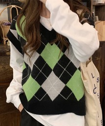 KOR | アーガイル柄 ドロップショルダーVネックニットベスト(ベスト)