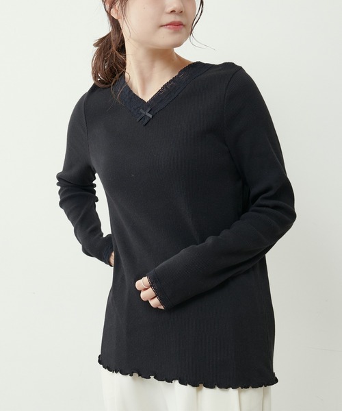 PUAL CE CIN(ピュアルセシン)の「襟レーステレコロングスリーブ(Tシャツ/カットソー・レディース・ブラック/ナチュラル・FREE)」の2枚目の写真