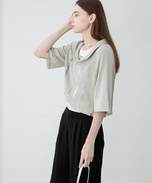 EKCOOKIES（イーケークッキーズ）の「【 EKCOOKIES 】ウェーブバイカラーポロニット（ニット/セーター・レディース・グレー/グリーン・L/S/M）」の12枚目の写真