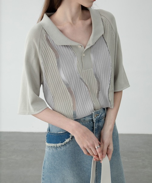 EKCOOKIES（イーケークッキーズ）の「【 EKCOOKIES 】ウェーブバイカラーポロニット（ニット/セーター・レディース・グレー/グリーン・L/S/M）」の13枚目の写真