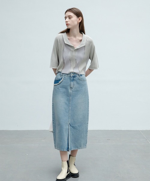 EKCOOKIES（イーケークッキーズ）の「【 EKCOOKIES 】ウェーブバイカラーポロニット（ニット/セーター・レディース・グレー/グリーン・L/S/M）」の18枚目の写真