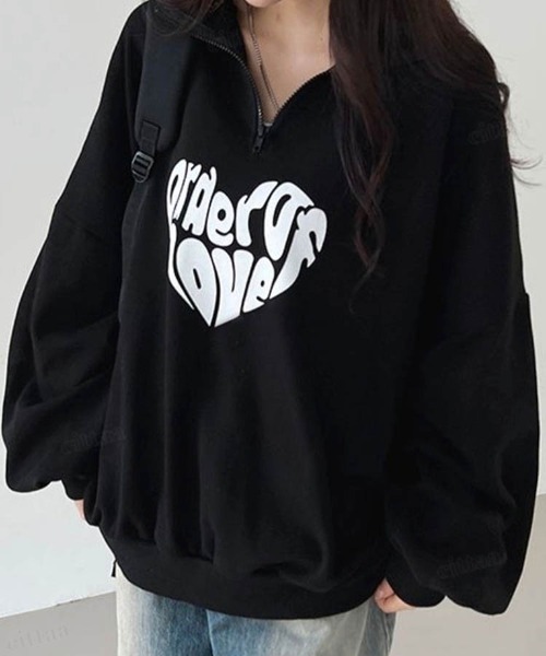 Dalfwin（ダールフィン）の「韓国ファッションLOVEロゴハーフジップ長袖ドルマンスリーブプルオーバー裏起毛＆起毛なしスウェット（スウェット・レディース・ブラック/グレー/ベージュ/グレー系その他2/ベージュ系2/グレー系2/ブラック系2/グレー系その他・FREE）」の10枚目の写真