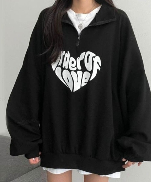 Dalfwin（ダールフィン）の「韓国ファッションLOVEロゴハーフジップ長袖ドルマンスリーブプルオーバー裏起毛＆起毛なしスウェット（スウェット・レディース・ブラック/グレー/ベージュ/グレー系その他2/ベージュ系2/グレー系2/ブラック系2/グレー系その他・FREE）」の12枚目の写真