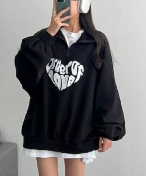 Dalfwin（ダールフィン）の「韓国ファッションLOVEロゴハーフジップ長袖ドルマンスリーブプルオーバー裏起毛＆起毛なしスウェット（スウェット・レディース・ブラック/グレー/ベージュ/グレー系その他2/ベージュ系2/グレー系2/ブラック系2/グレー系その他・FREE）」の13枚目の写真