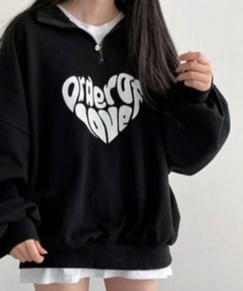 Dalfwin（ダールフィン）の「韓国ファッションLOVEロゴハーフジップ長袖ドルマンスリーブプルオーバー裏起毛＆起毛なしスウェット（スウェット・レディース・ブラック/グレー/ベージュ/グレー系その他2/ベージュ系2/グレー系2/ブラック系2/グレー系その他・FREE）」の14枚目の写真