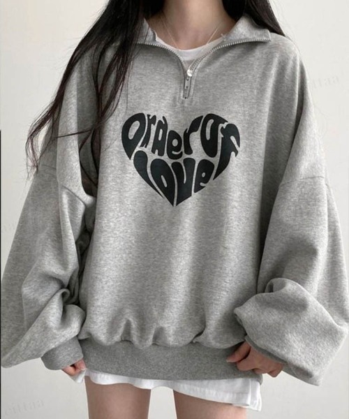 Dalfwin（ダールフィン）の「韓国ファッションLOVEロゴハーフジップ長袖ドルマンスリーブプルオーバー裏起毛＆起毛なしスウェット（スウェット・レディース・ブラック/グレー/ベージュ/グレー系その他2/ベージュ系2/グレー系2/ブラック系2/グレー系その他・FREE）」の17枚目の写真