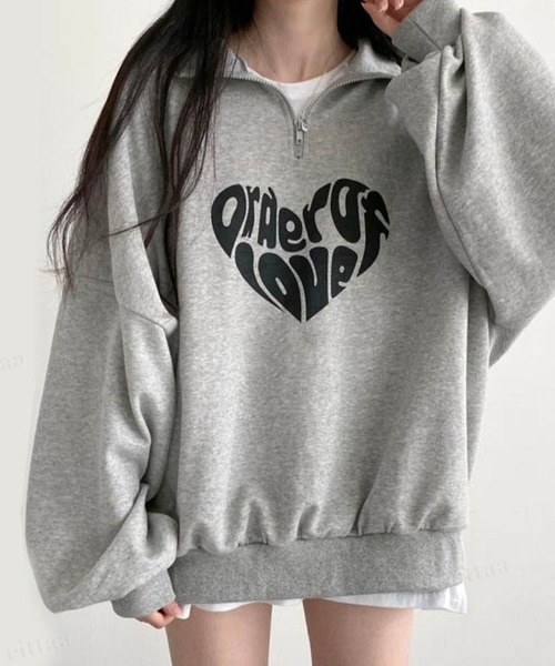 Dalfwin（ダールフィン）の「韓国ファッションLOVEロゴハーフジップ長袖ドルマンスリーブプルオーバー裏起毛＆起毛なしスウェット（スウェット・レディース・ブラック/グレー/ベージュ/グレー系その他2/ベージュ系2/グレー系2/ブラック系2/グレー系その他・FREE）」の18枚目の写真