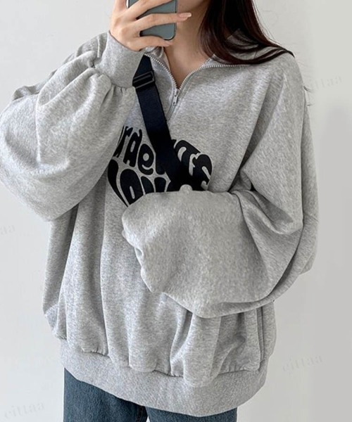 Dalfwin（ダールフィン）の「韓国ファッションLOVEロゴハーフジップ長袖ドルマンスリーブプルオーバー裏起毛＆起毛なしスウェット（スウェット・レディース・ブラック/グレー/ベージュ/グレー系その他2/ベージュ系2/グレー系2/ブラック系2/グレー系その他・FREE）」の19枚目の写真