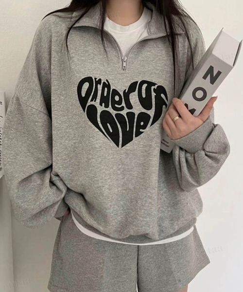 Dalfwin（ダールフィン）の「韓国ファッションLOVEロゴハーフジップ長袖ドルマンスリーブプルオーバー裏起毛＆起毛なしスウェット（スウェット・レディース・ブラック/グレー/ベージュ/グレー系その他2/ベージュ系2/グレー系2/ブラック系2/グレー系その他・FREE）」の20枚目の写真