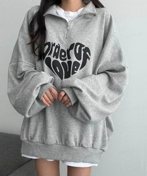 Dalfwin（ダールフィン）の「韓国ファッションLOVEロゴハーフジップ長袖ドルマンスリーブプルオーバー裏起毛＆起毛なしスウェット（スウェット・レディース・ブラック/グレー/ベージュ/グレー系その他2/ベージュ系2/グレー系2/ブラック系2/グレー系その他・FREE）」の21枚目の写真