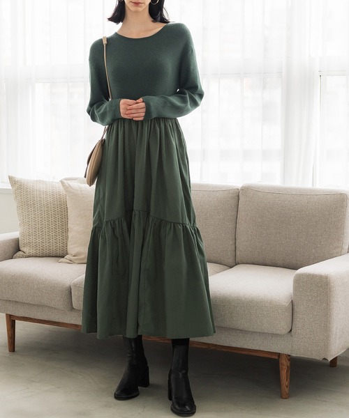 coca(coca)(コカ)の「ドッキングニットワンピース(ワンピース・レディース・ブラック/ダークグリーン・ONE SIZE)」の2枚目の写真