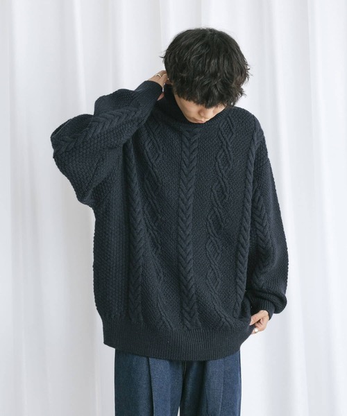 Couleur Meler（クルールメリー）の「Couleur Meler なかじ　ケーブル編みタートルネックニット（ニット/セーター・メンズ・ライトベージュ/ネイビー・MEDIUM/LARGE）」の13枚目の写真