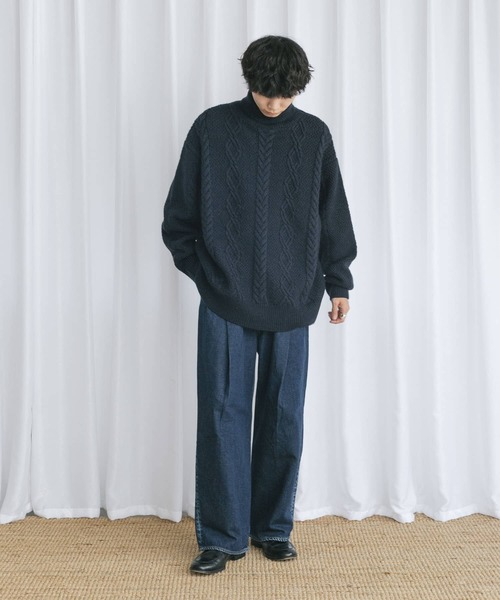 Couleur Meler（クルールメリー）の「Couleur Meler なかじ　ケーブル編みタートルネックニット（ニット/セーター・メンズ・ライトベージュ/ネイビー・MEDIUM/LARGE）」の15枚目の写真