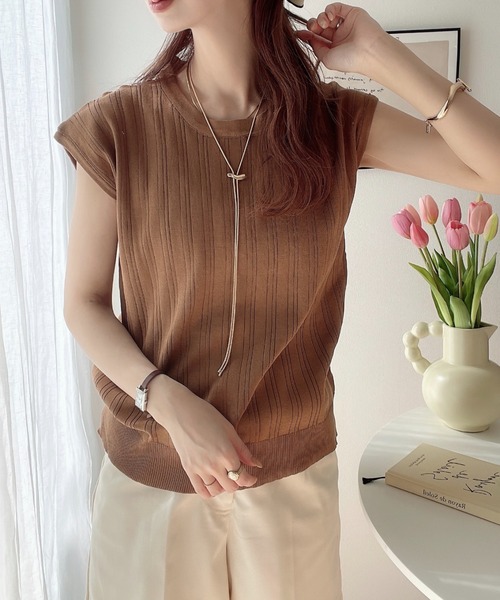 COCOMOMO（ココモモ）の「夏から秋口まで活躍する定番アイテム♪ フレンチスリーブ サマーニット（Tシャツ/カットソー・レディース・ブラウン/ロイヤルブルー/ホワイト/ブラック・FREE）」の8枚目の写真